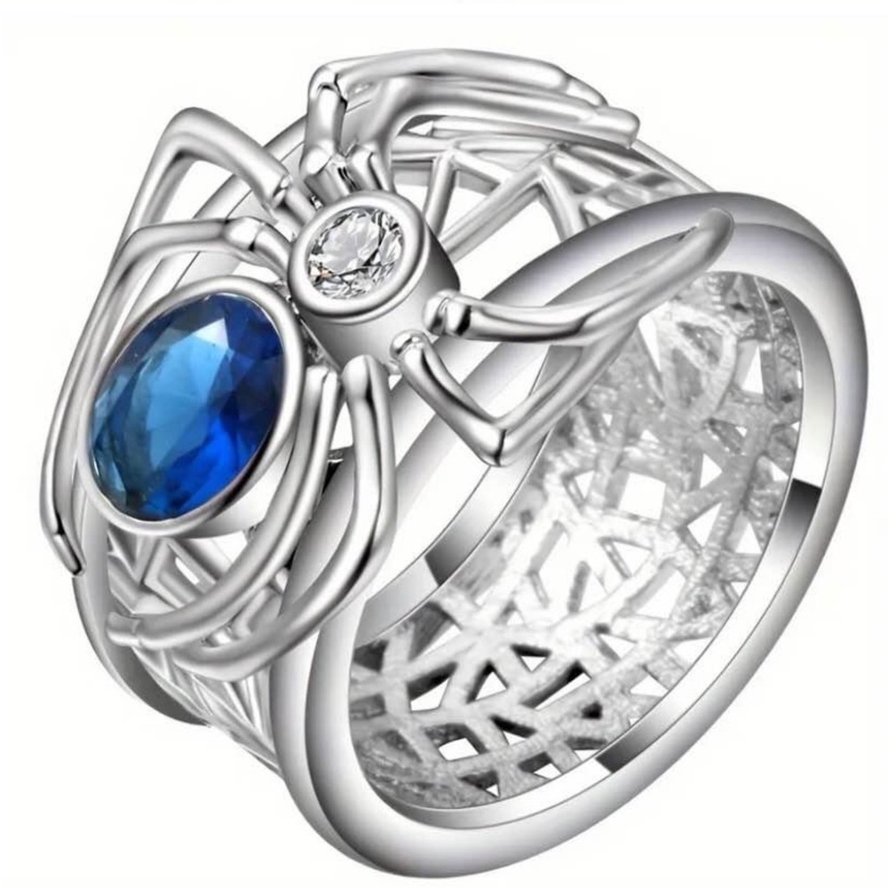 Women'S Sterling Silver Ring, Blue Gem Spider Animal Web Zircon, Blue size 8